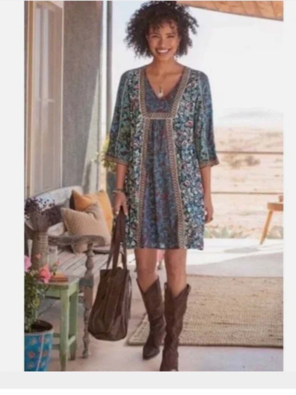Sundance Teal Floral Boho V-Neck Dress